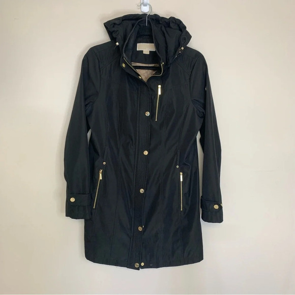 Michael  Kors Black Trench Coat Hooded M - Picture 1 of 12